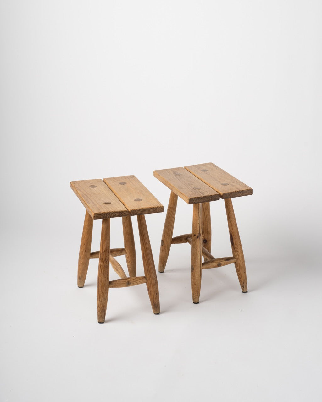 Pair of Minimalist Pinewood Stools, France, 1970s
