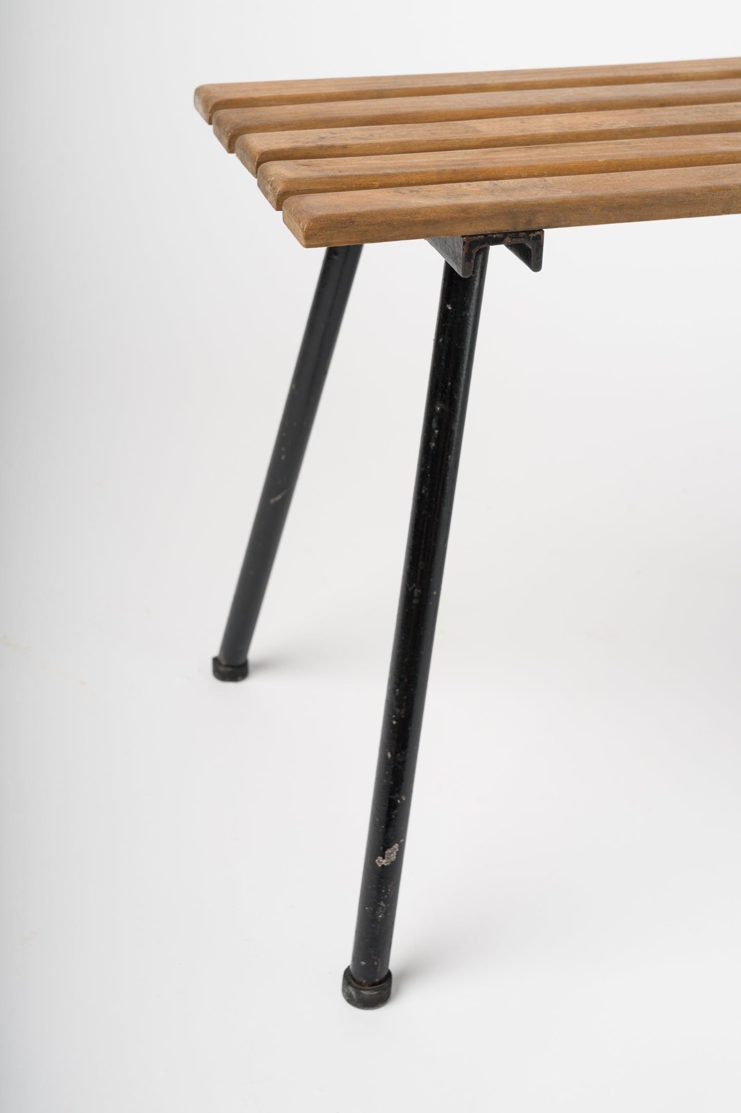 Brutalist Iron and Wood Slats Stools, France, 1970s