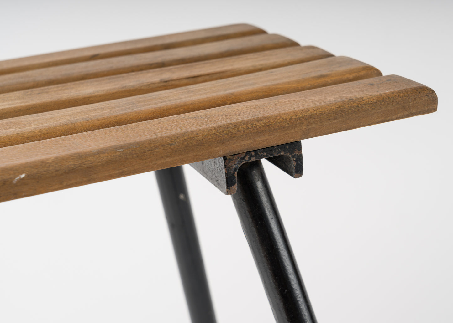 Brutalist Iron and Wood Slats Stools, France, 1970s