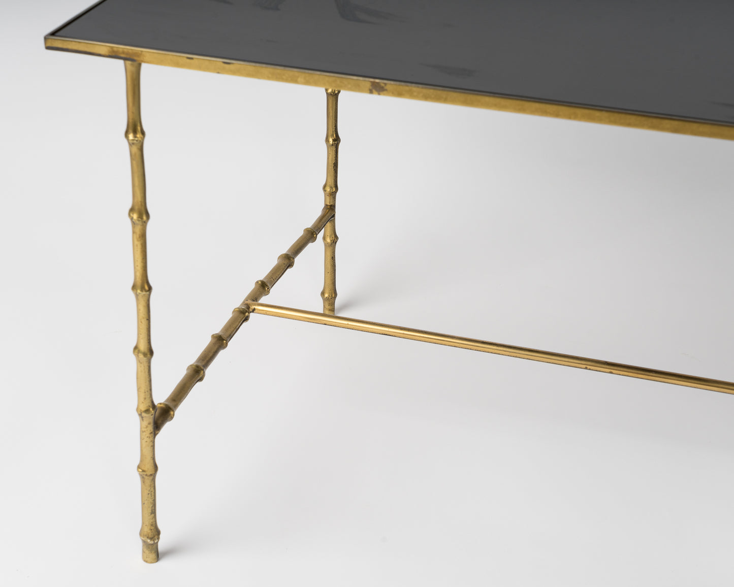 Maison Baguès Faux Bamboo Bronze Side Table w. Black Opaline Top, France 1960s