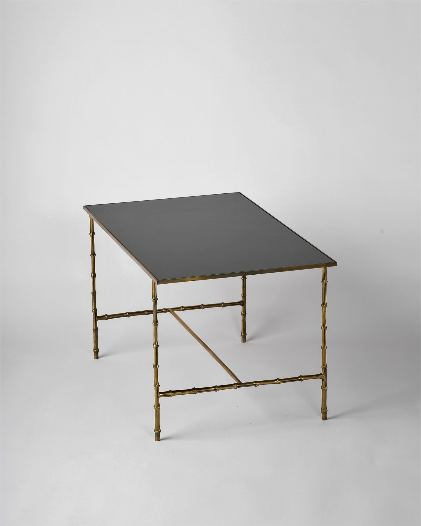 Maison Baguès Faux Bamboo Bronze Side Table w. Black Opaline Top, France 1960s