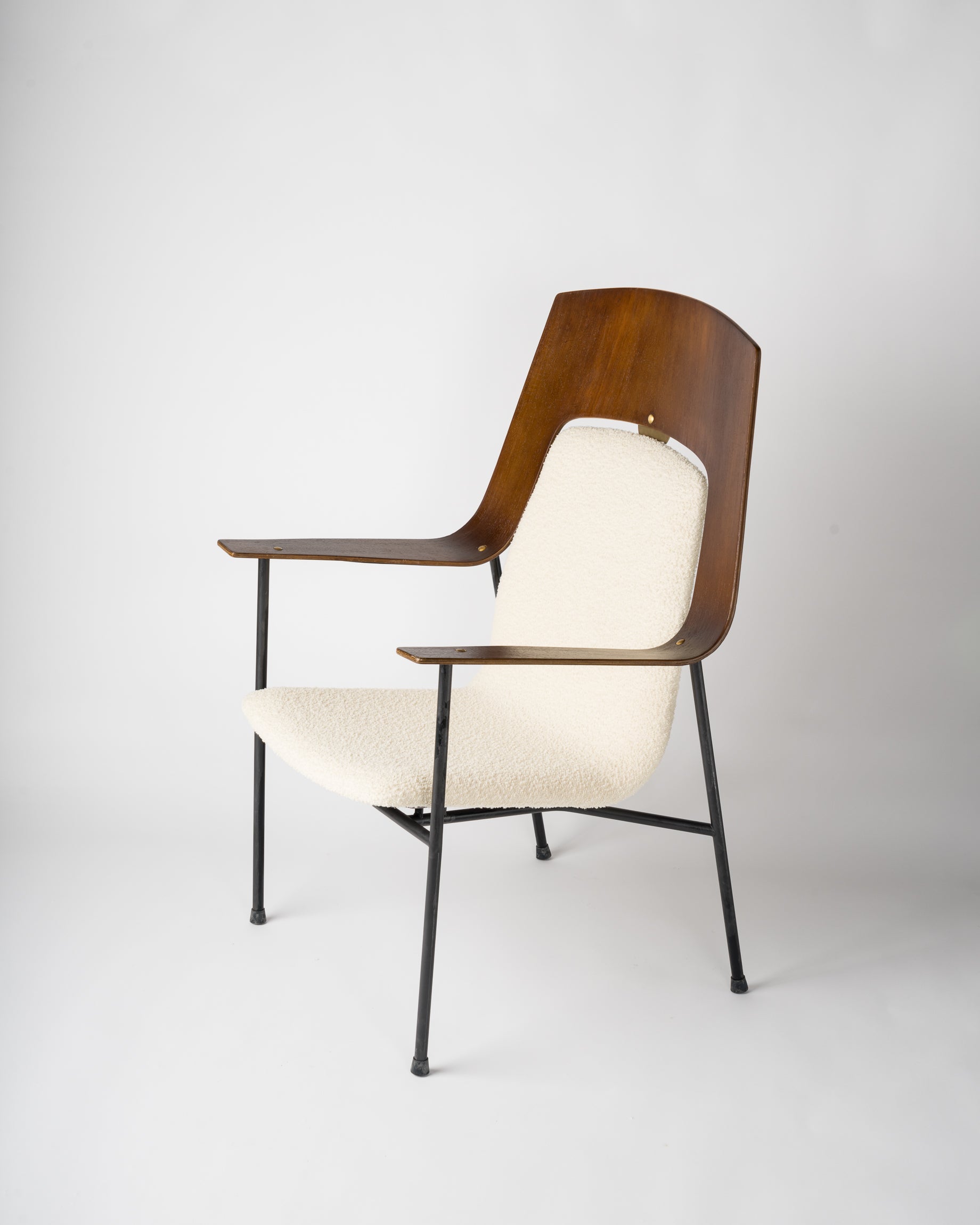 Midcentury Plywood and Cream White Armchair Attributed Robin Day, UK, 1960s