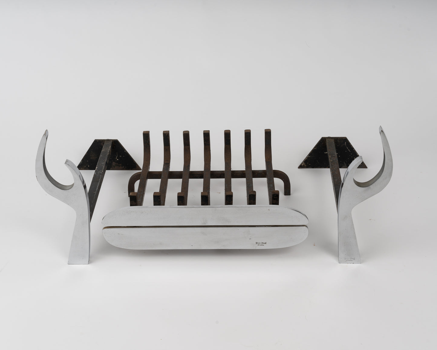 Stainless Steel Firedogs & Log Rack Set by Jean Paul Créations - France 1970's