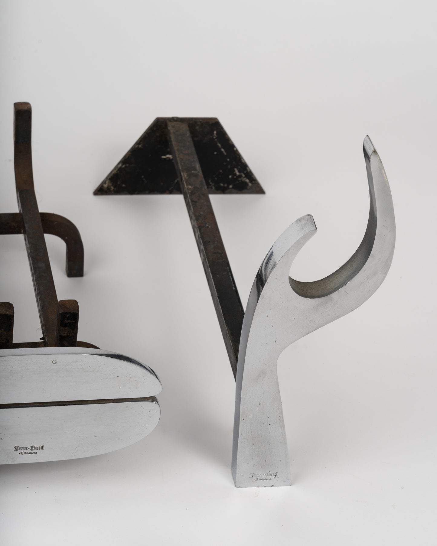 Stainless Steel Firedogs & Log Rack Set by Jean Paul Créations - France 1970's