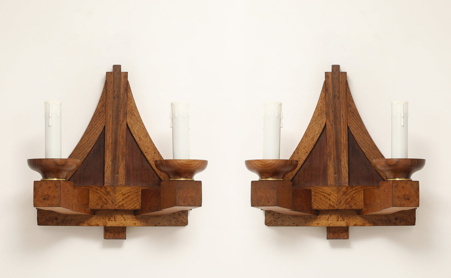 Double Arms All Oak Modernist Sconces - France 1940's
