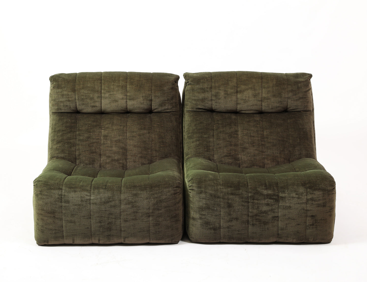 Pair of Signed Green Corduroy Slipper Chairs by Steiner Sièges - France 1970's