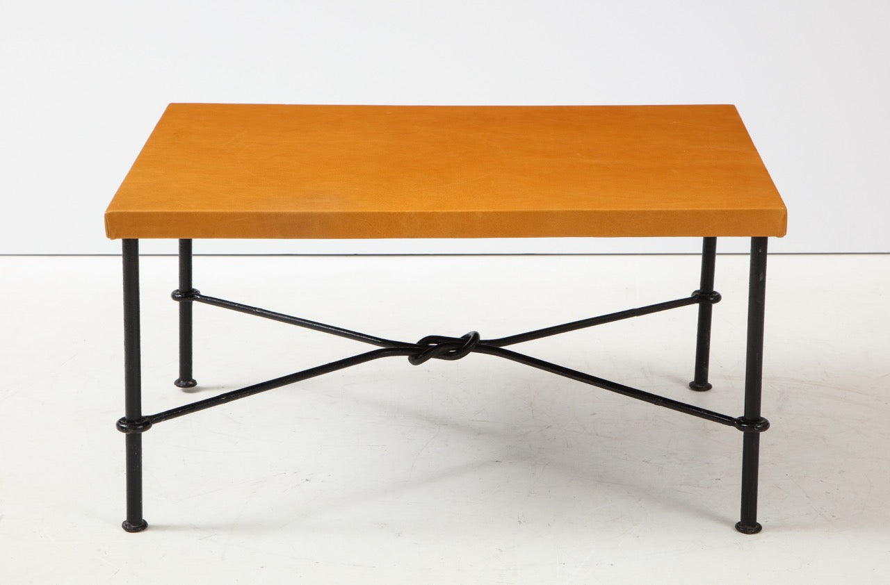 Wrought Iron and Leather Side Table, France, 1940's