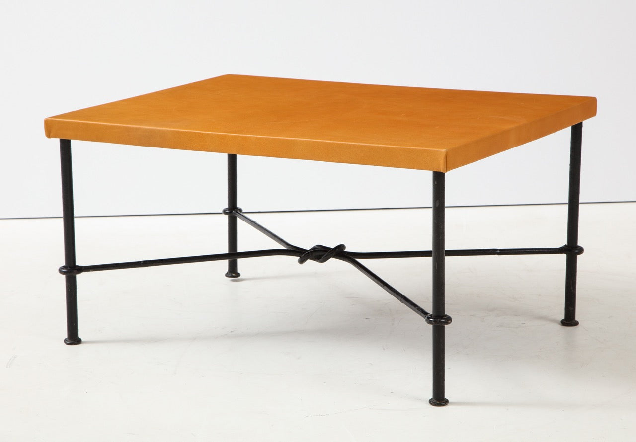 Wrought Iron and Leather Side Table, France, 1940's