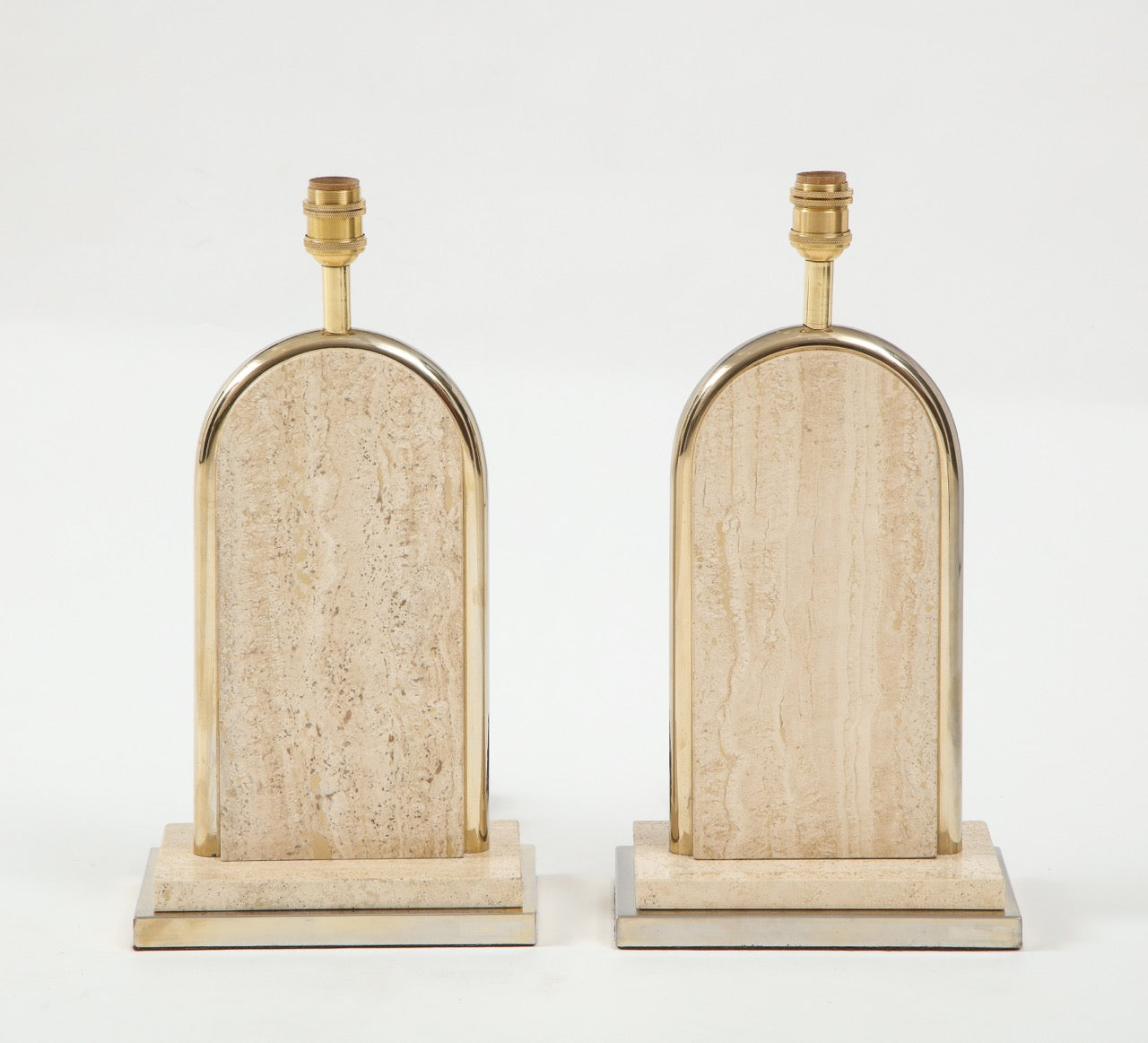 Pair of Belgian Beige Travertine and Gilt Metal Table Lamps, Belgium 1970's