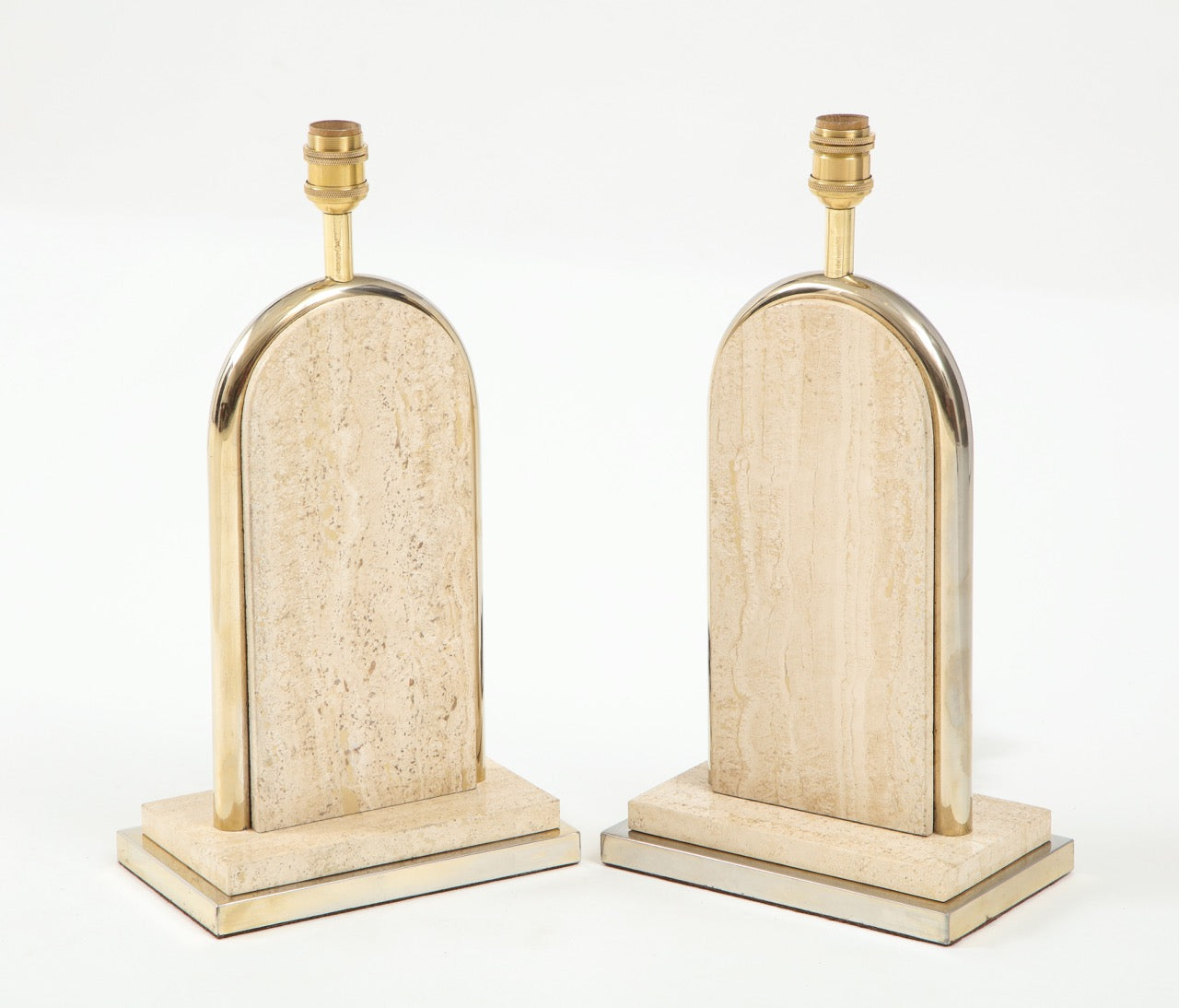 Pair of Belgian Beige Travertine and Gilt Metal Table Lamps, Belgium 1970's