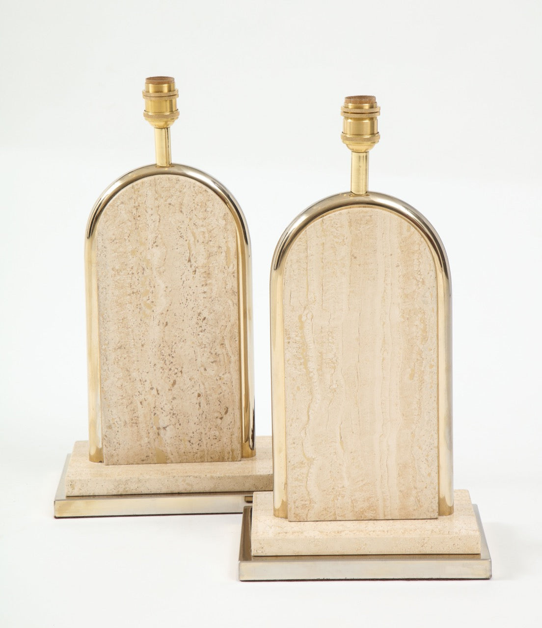 Pair of Belgian Beige Travertine and Gilt Metal Table Lamps, Belgium 1970's