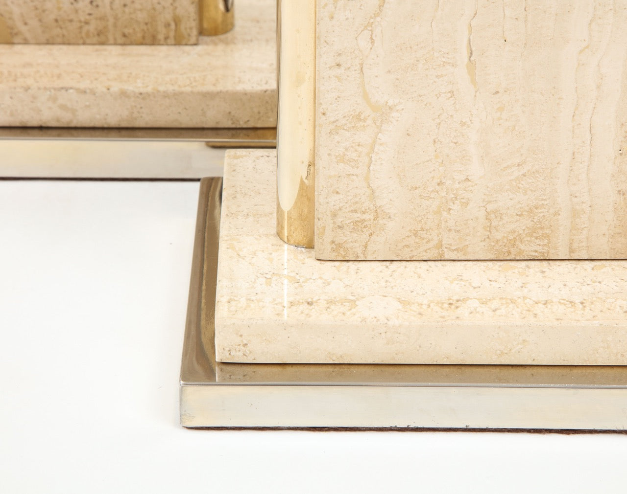 Pair of Belgian Beige Travertine and Gilt Metal Table Lamps, Belgium 1970's