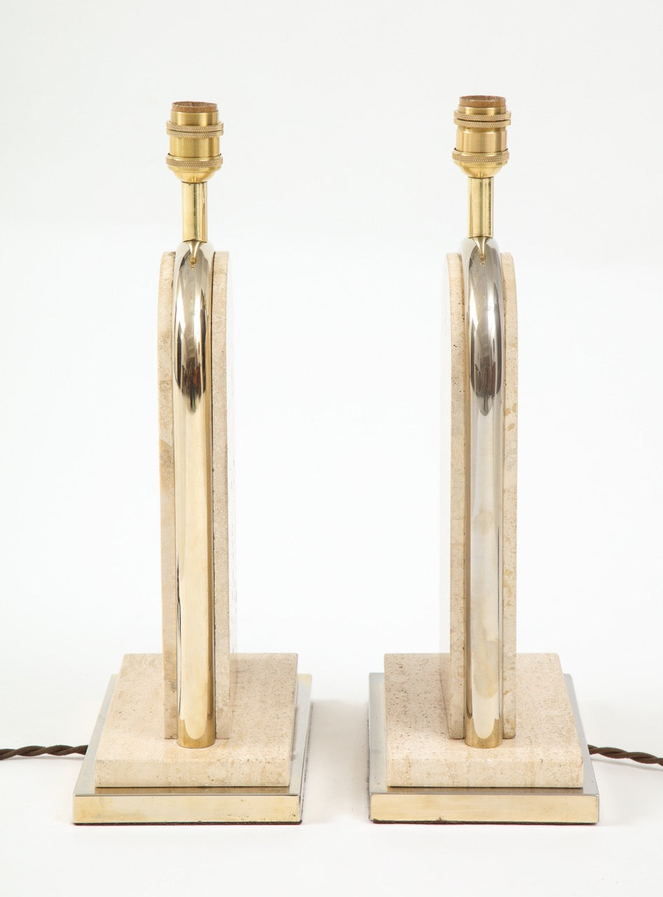 Pair of Belgian Beige Travertine and Gilt Metal Table Lamps, Belgium 1970's