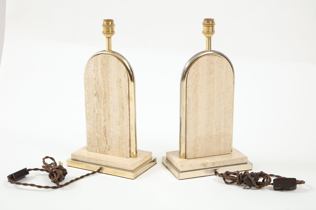 Pair of Belgian Beige Travertine and Gilt Metal Table Lamps, Belgium 1970's
