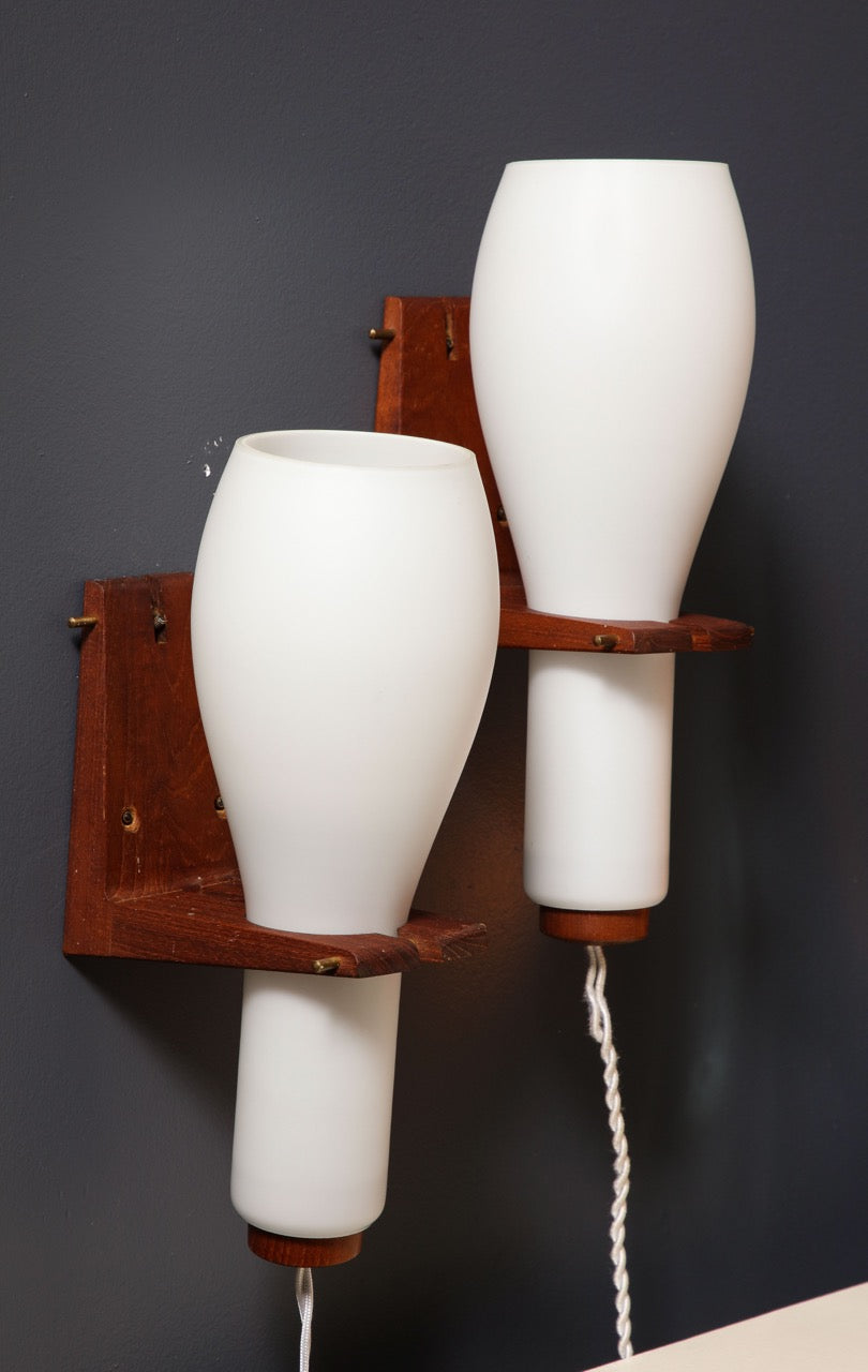Pair of Teak Wood and Opaline Wall Lights by Philips - Netherlands 1960s