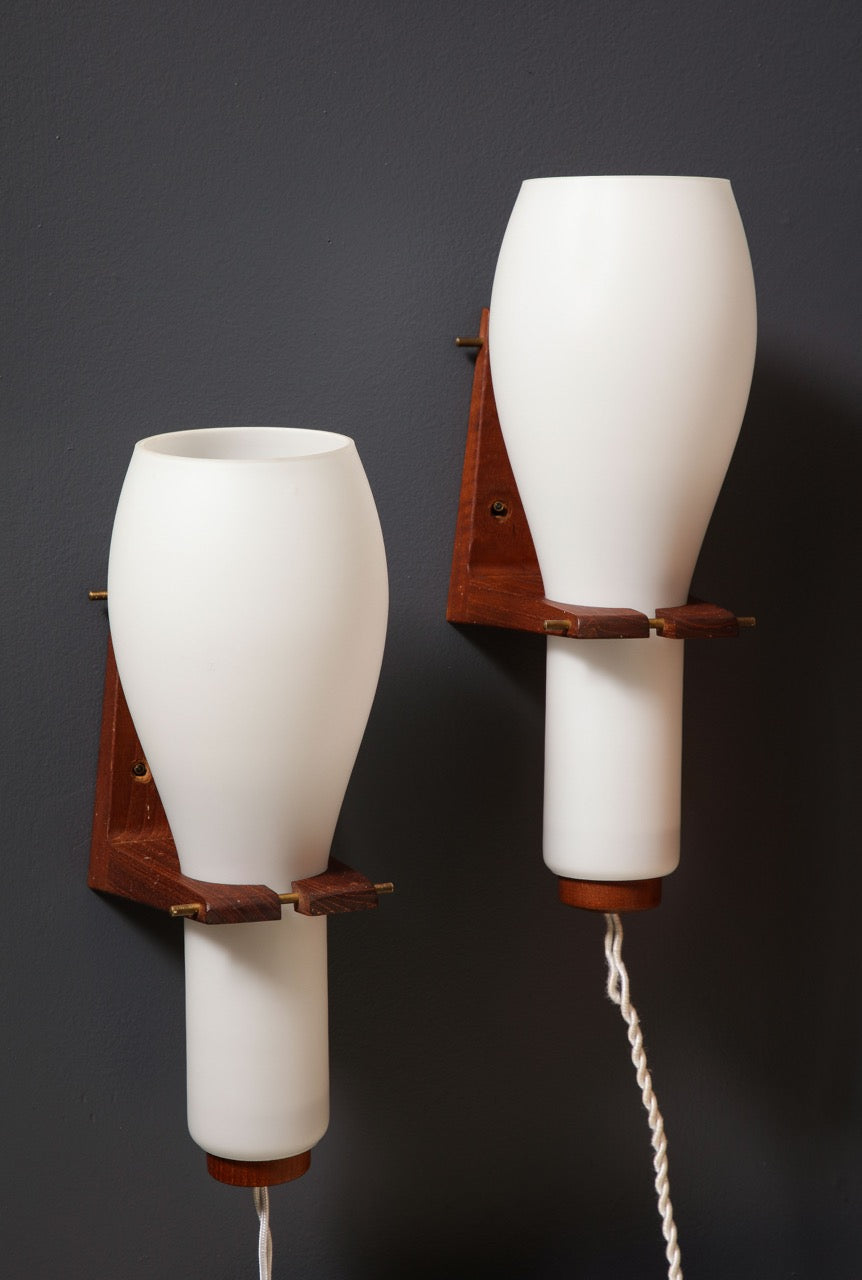 Pair of Teak Wood and Opaline Wall Lights by Philips - Netherlands 1960s