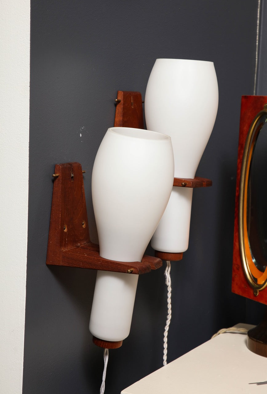 Pair of Teak Wood and Opaline Wall Lights by Philips - Netherlands 1960s