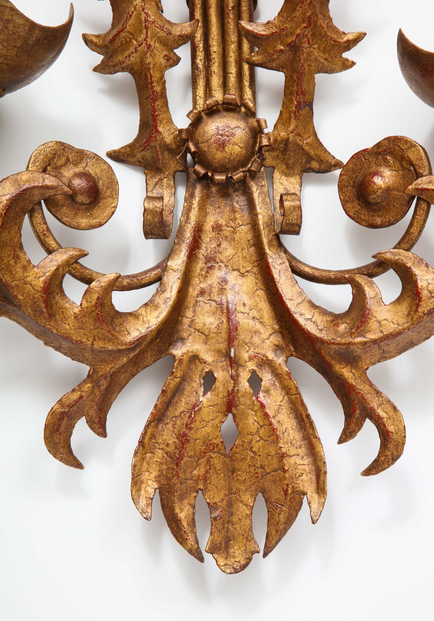 Rare Pair of Gilt "tôle peinte" Venice Carnival Theme Sconces, France, 1960s