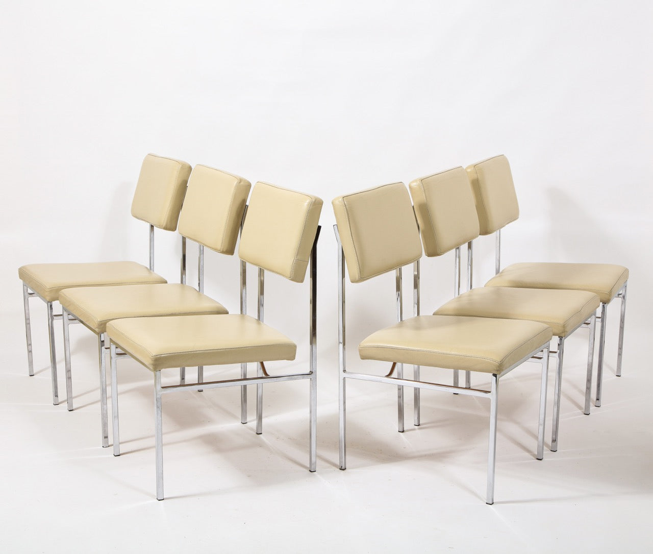 6 Chrome and Cream Leather P60 Chairs by Philippon & Lecoq, France, 1960's