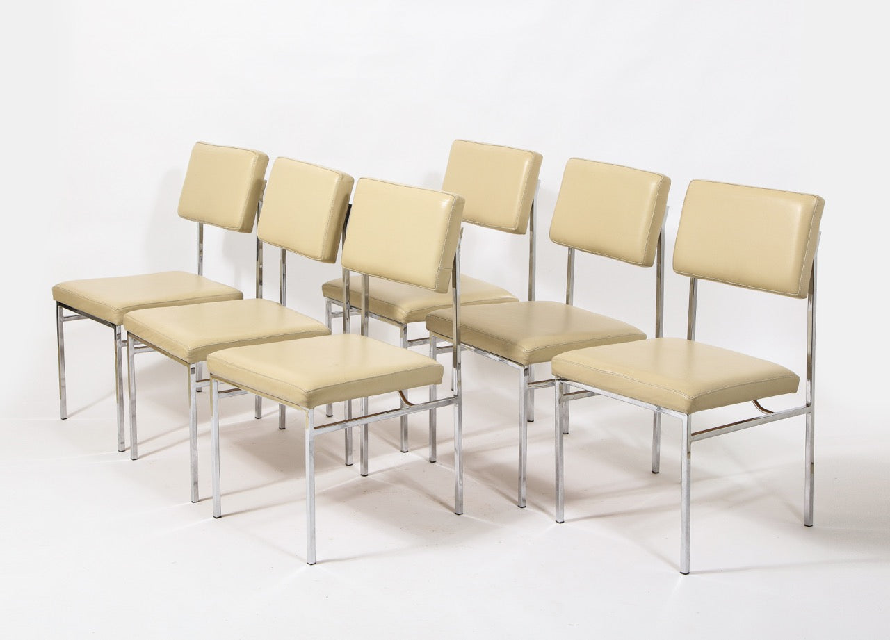 6 Chrome and Cream Leather P60 Chairs by Philippon & Lecoq, France, 1960's