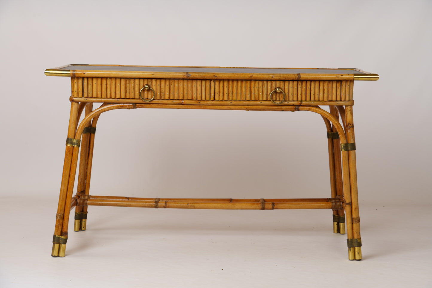 Rattan & Brass Desk & Chair by Gilles Sermadiras, Ed. Maison & Jardin - 1960's