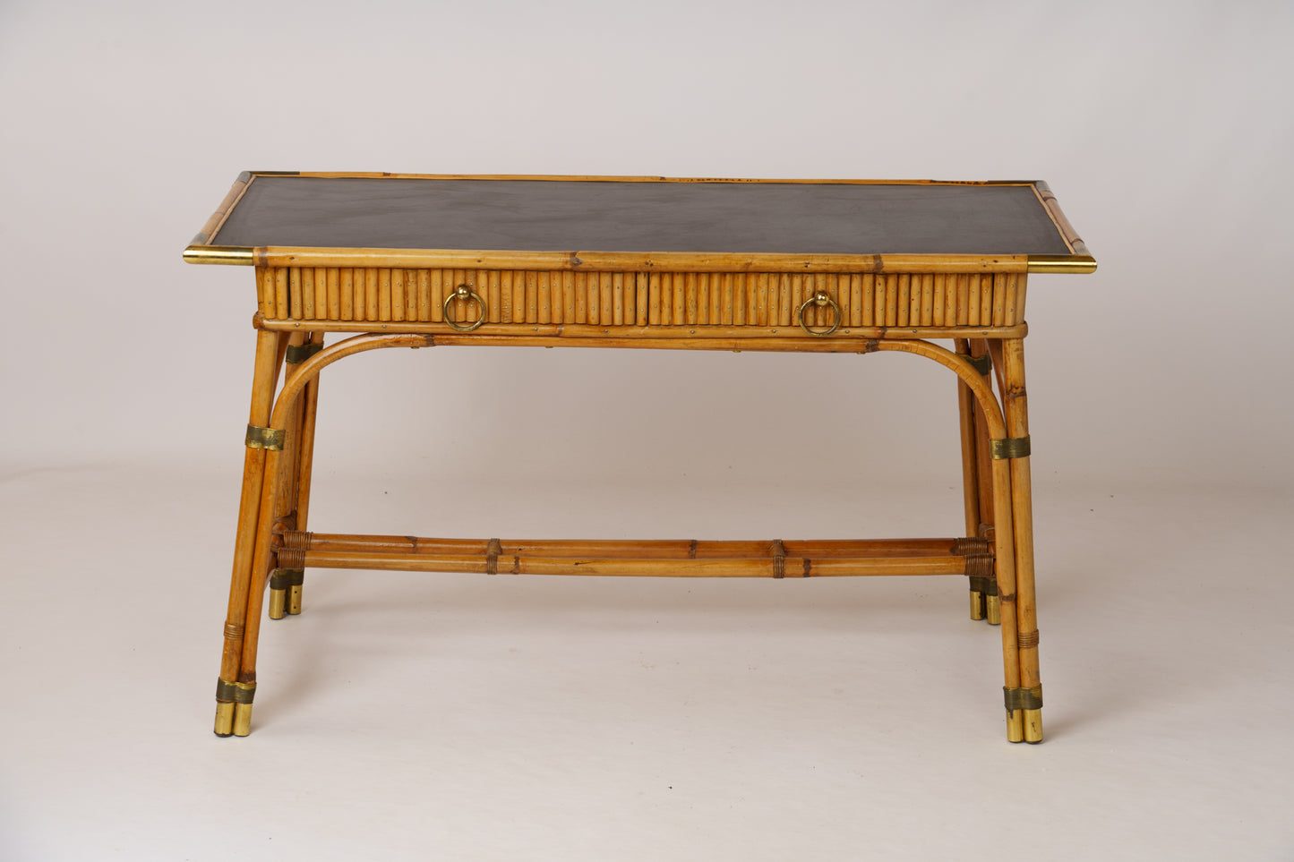 Rattan & Brass Desk & Chair by Gilles Sermadiras, Ed. Maison & Jardin - 1960's