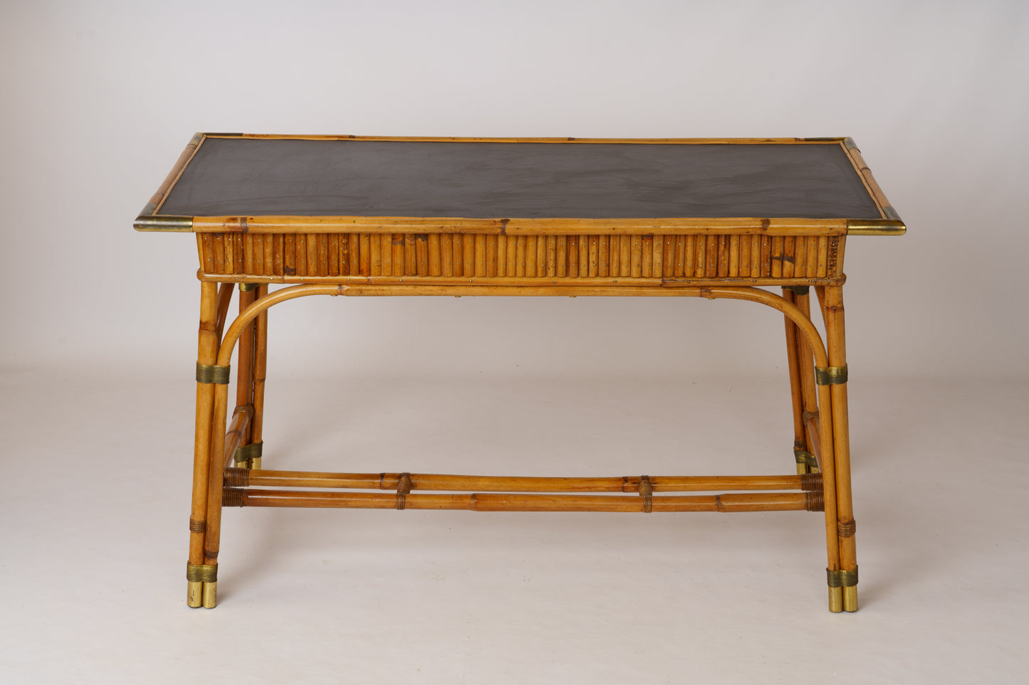Rattan & Brass Desk & Chair by Gilles Sermadiras, Ed. Maison & Jardin - 1960's