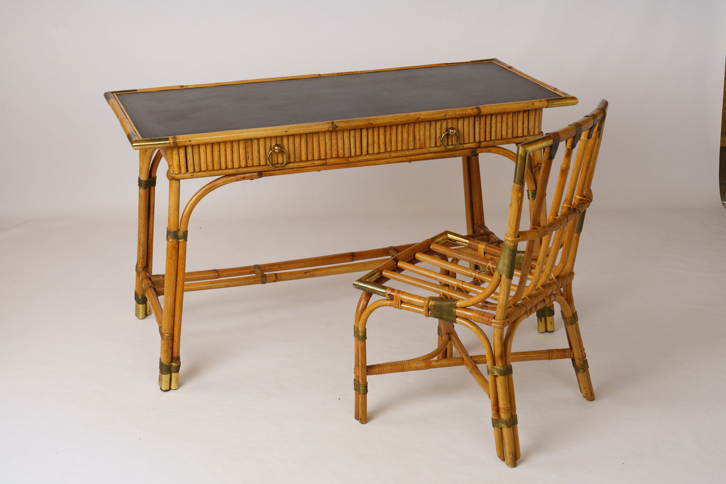 Rattan & Brass Desk & Chair by Gilles Sermadiras, Ed. Maison & Jardin - 1960's