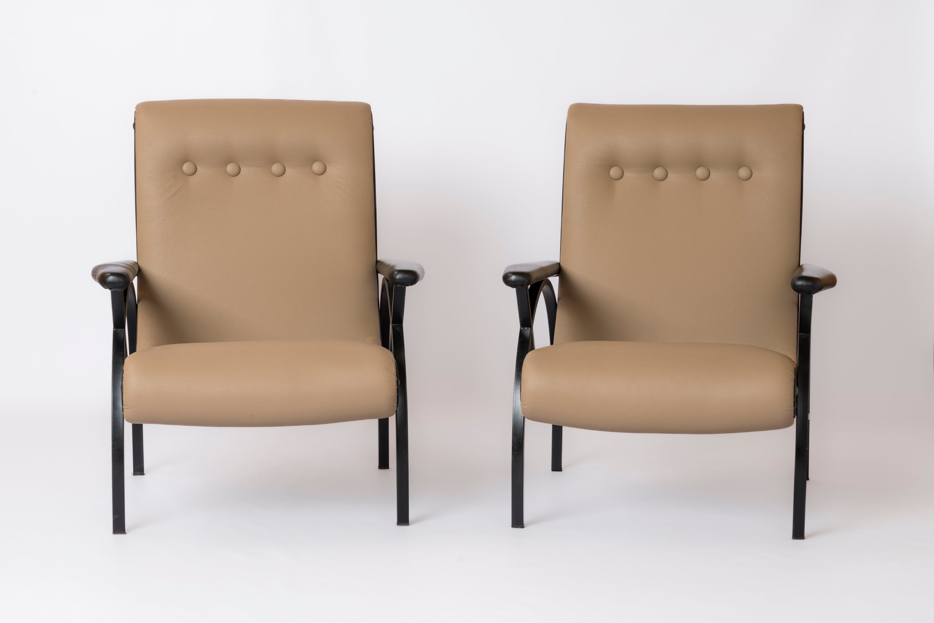 Black Lacquered Steel & Taupe Leather Armchairs in style of Borsani - Italy 1960