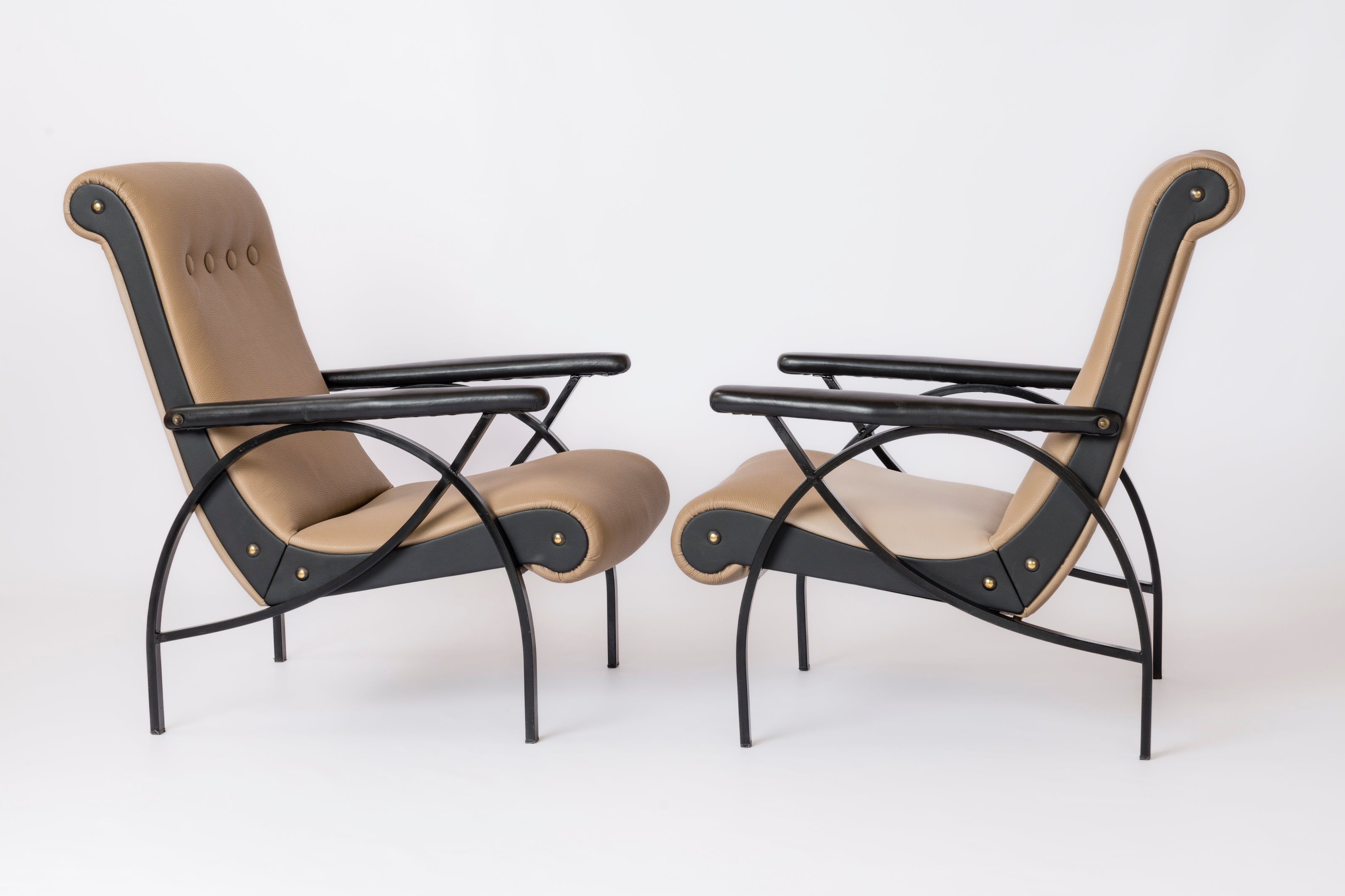 Black Lacquered Steel & Taupe Leather Armchairs in style of Borsani - Italy 1960