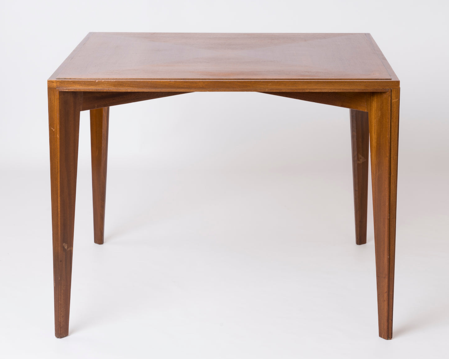 Tappered Legs Square Cherry Tree Marquetry Scandinavian Table - 1960's