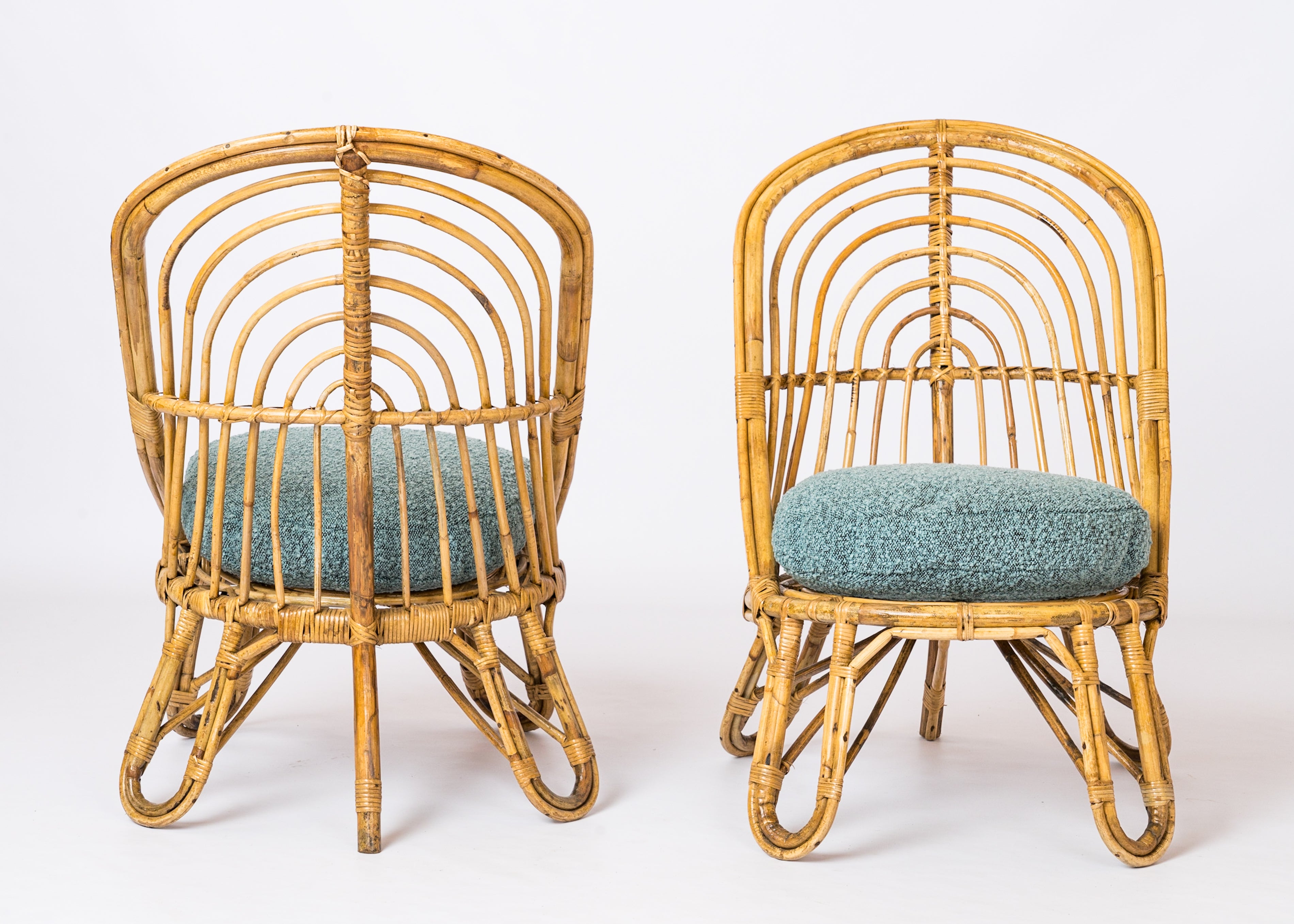 Two L. Sognot Style Rattan Lounge Chairs w. Blue "Chiné" Cushions - France 1950s