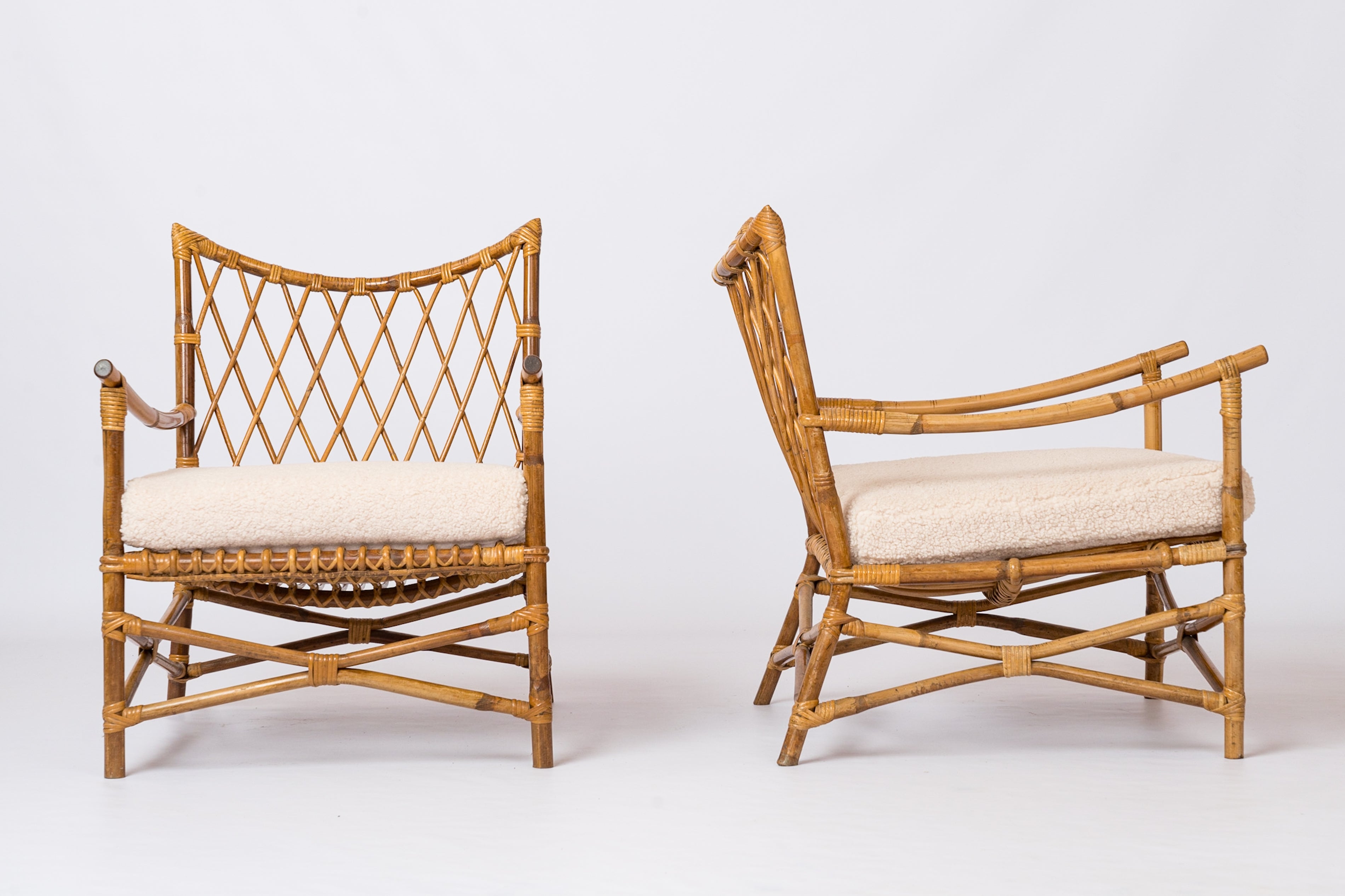 Pair of Braided Rattan Lounge Armchairs w. Off-White Boucle Cushions - 1960's
