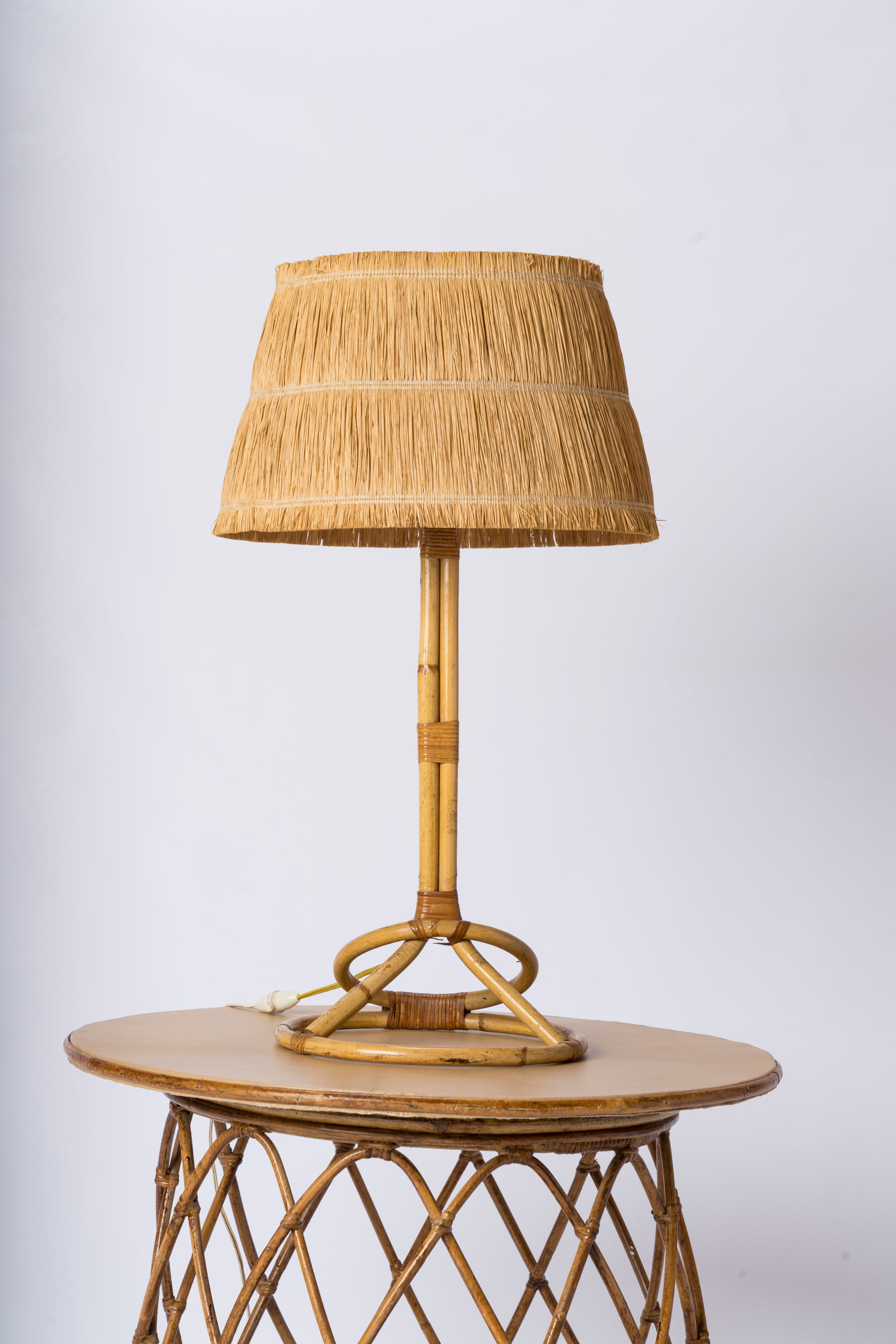 Tall Rattan Table Lamp w. Raffia Shade - France 1950's