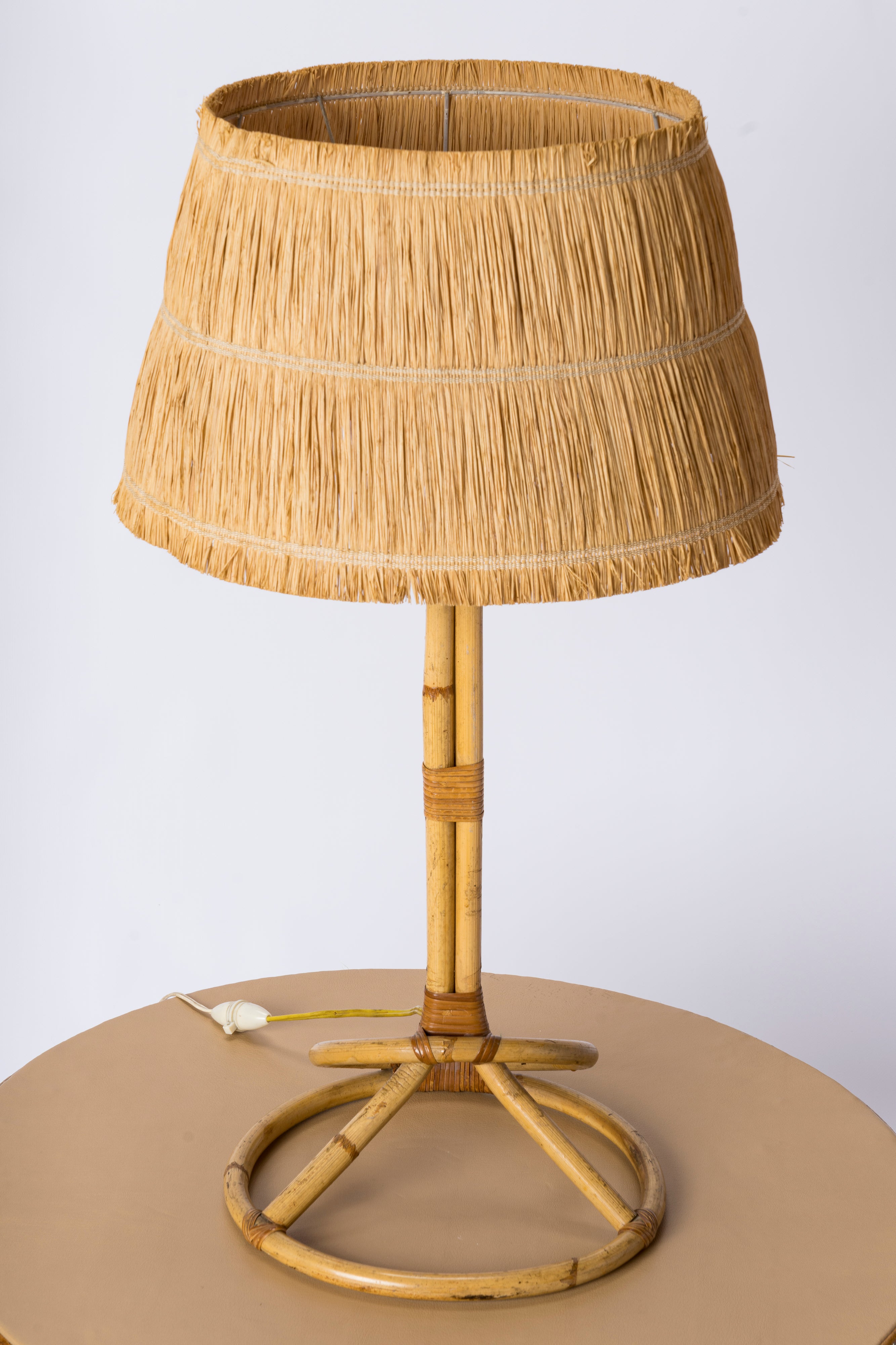 Tall Rattan Table Lamp w. Raffia Shade - France 1950's