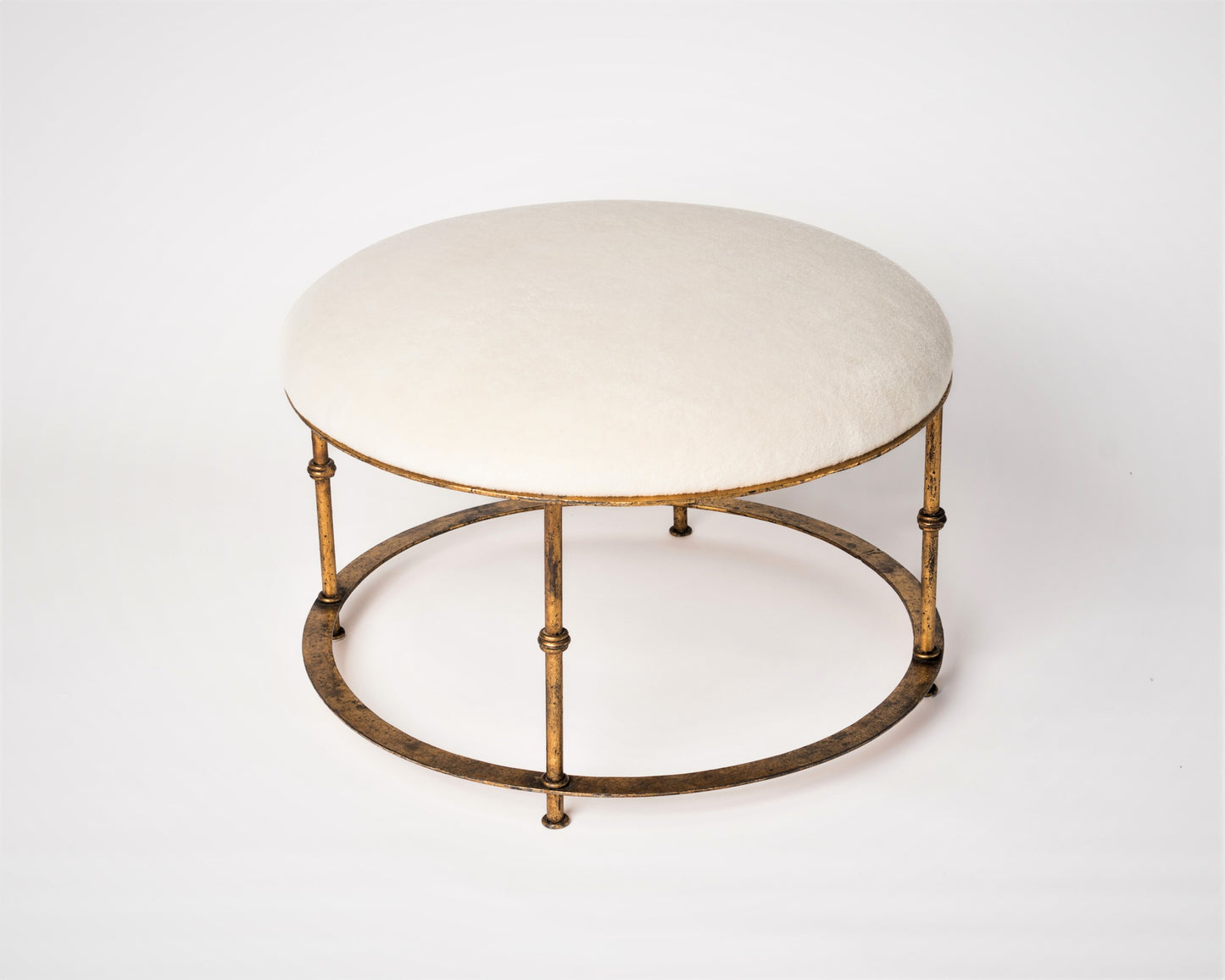 Patinated Gilt Steel Round Ottoman w. Cream Mohair Cushion, Italy 1970's