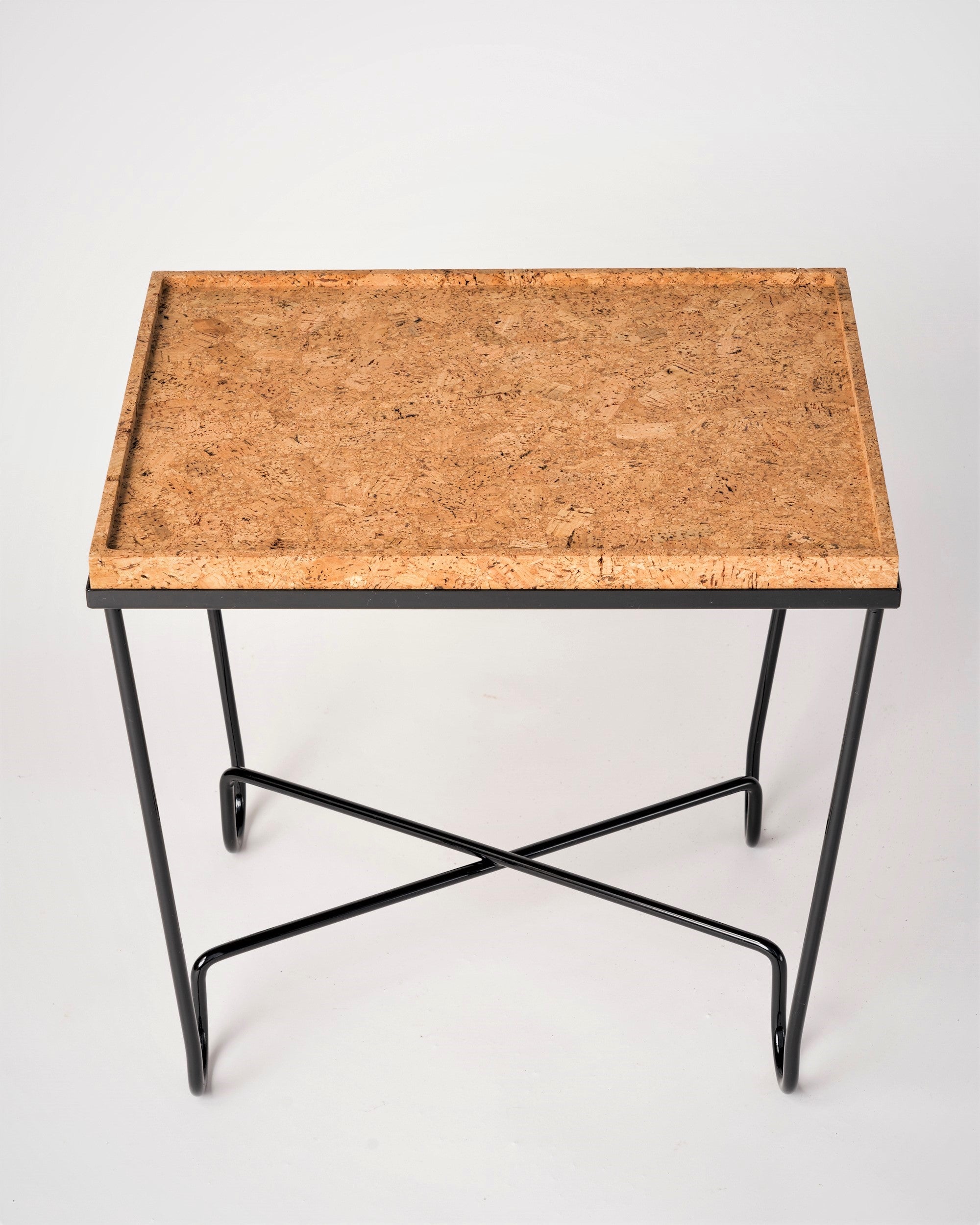 "Aronde" Black Lacquered Steel Side Table with Natural Cork Top