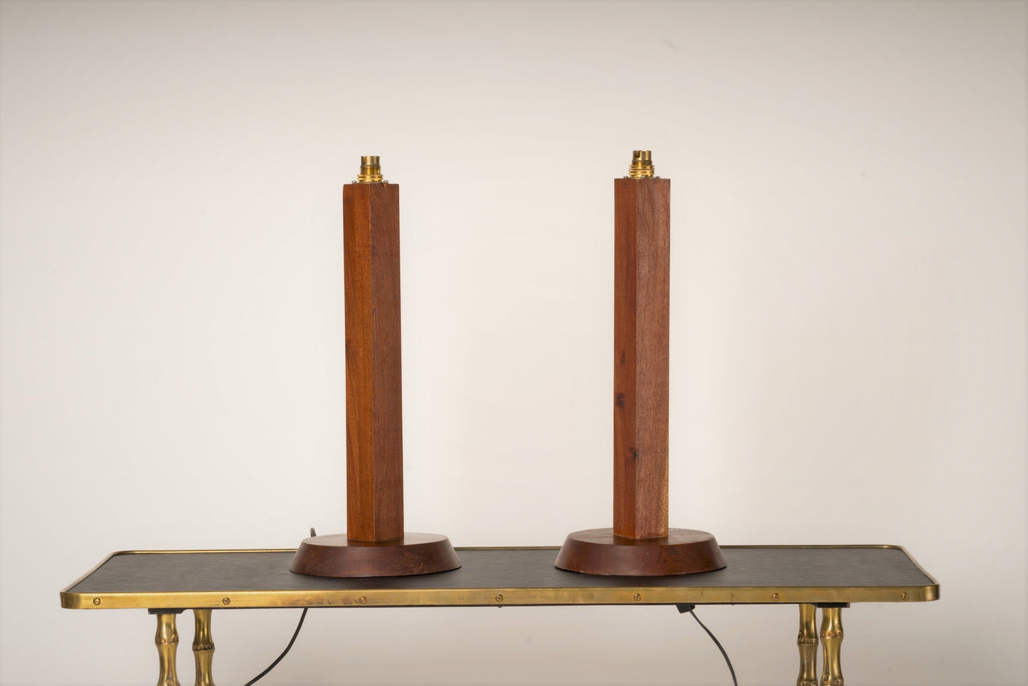 Pair of Minimalist Solid Teak Table Lamps - France 1970's