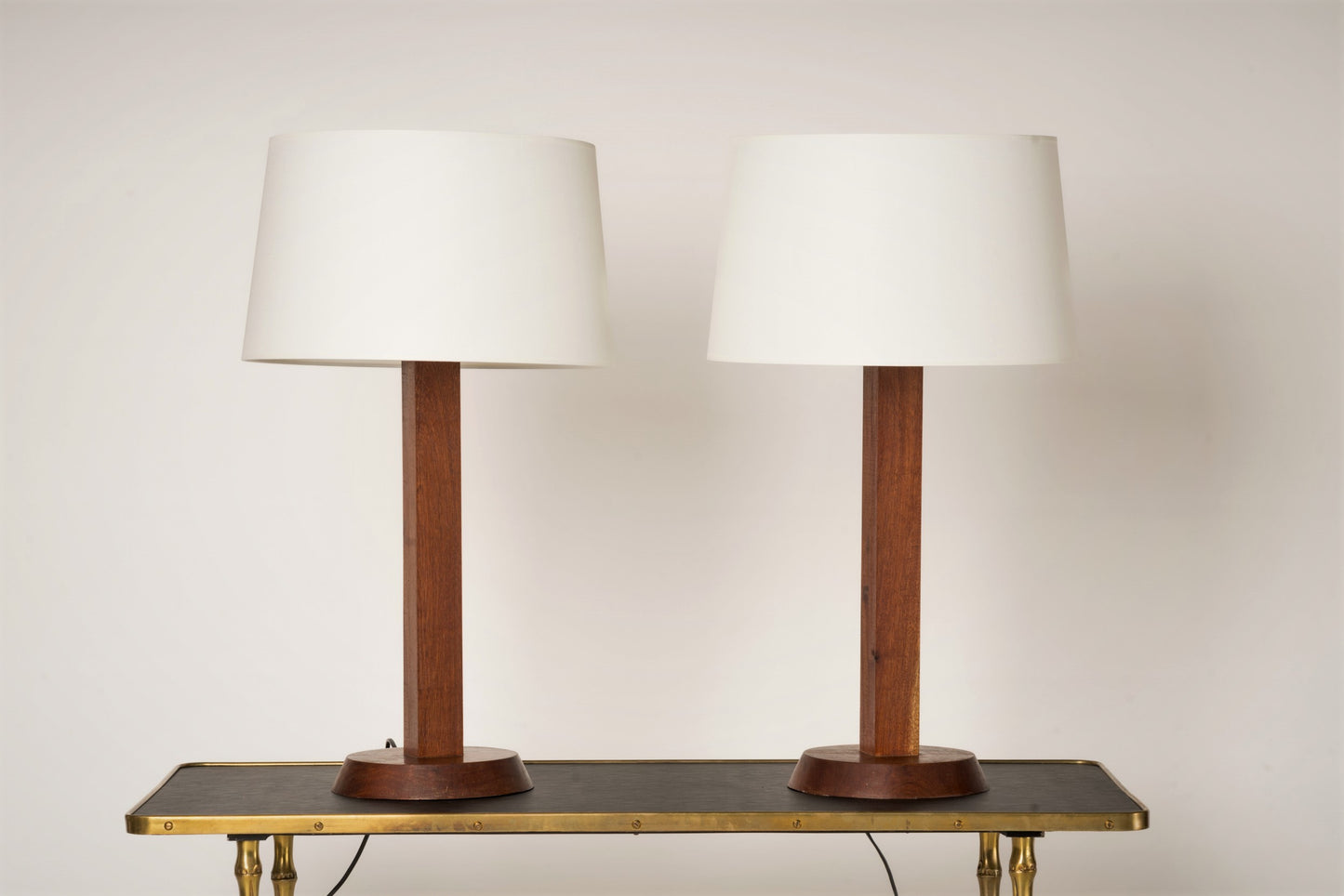 Pair of Minimalist Solid Teak Table Lamps - France 1970's