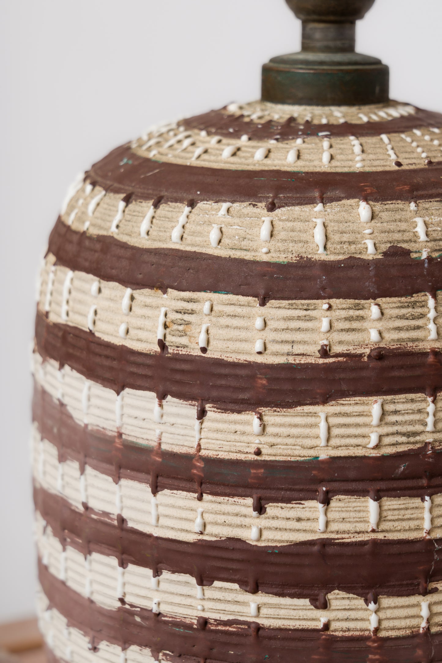 Textured Ceramic Brown & Beige Striated Art Deco Lamp - France 1930's