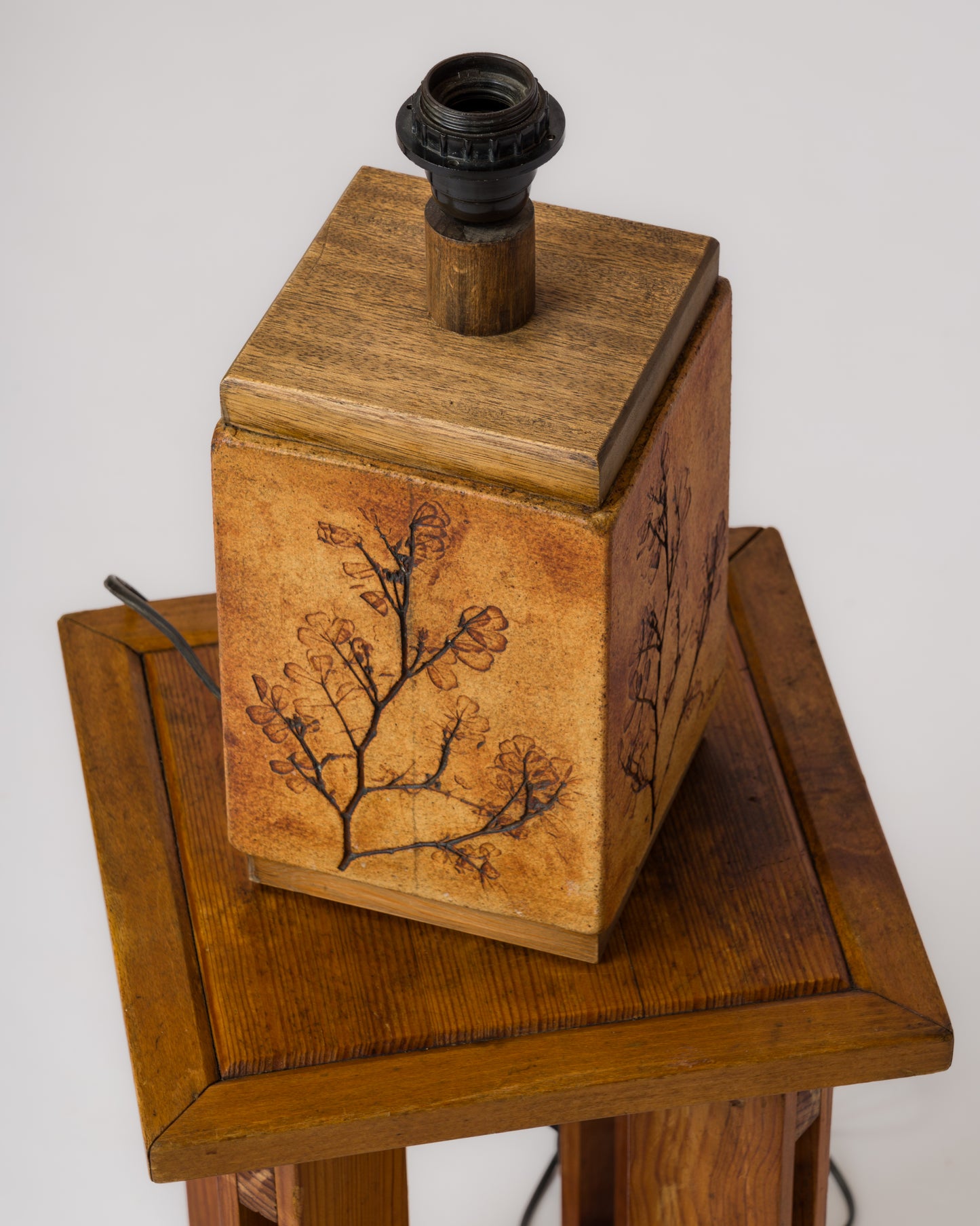 Clay & Oak Signed Rectangular Table Lamp by Raymonde Leduc - France 1970's