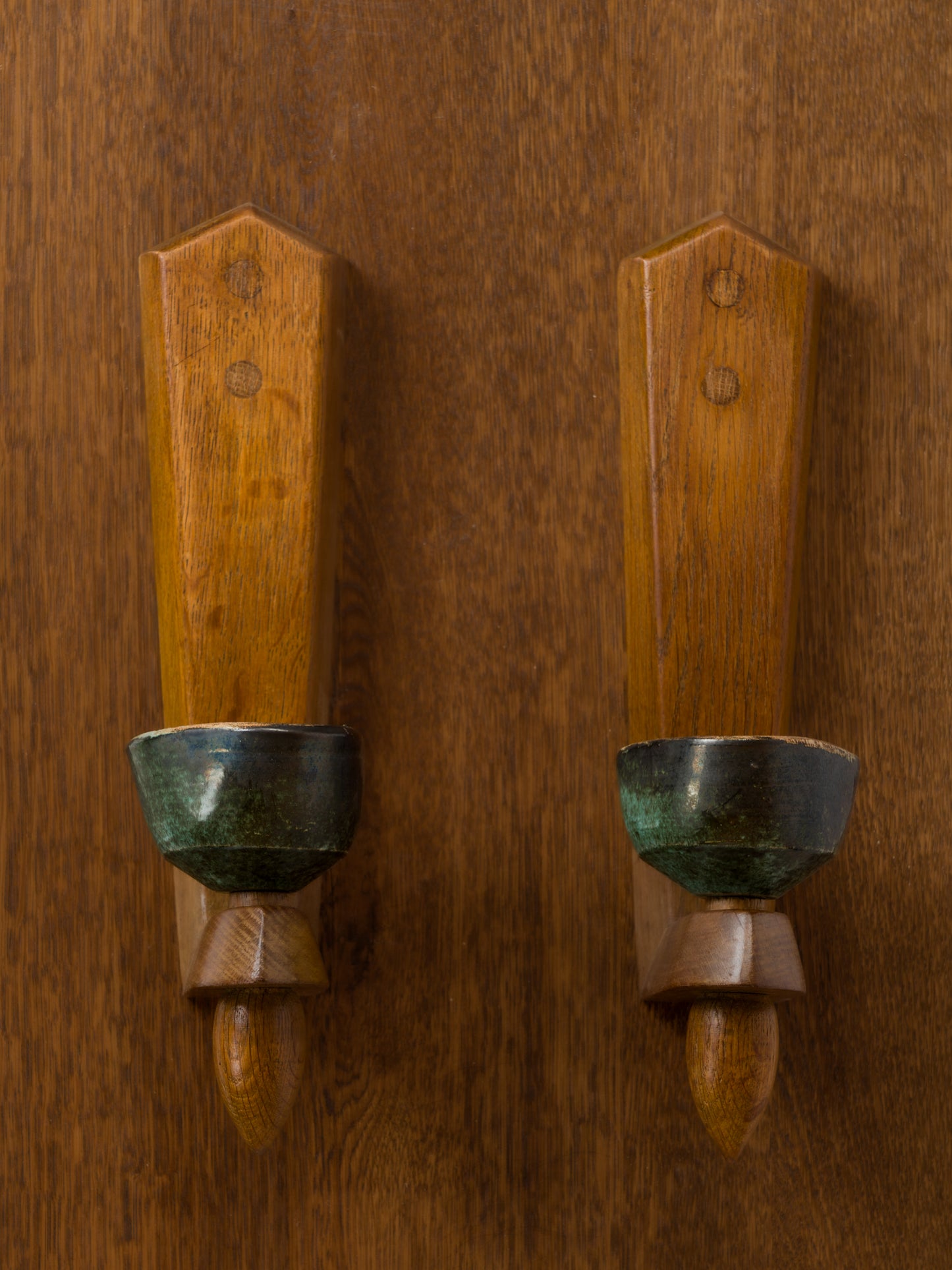 Pair of Solid Oak & Ceramic Sconces by Guillerme & Chambron - France 1960's