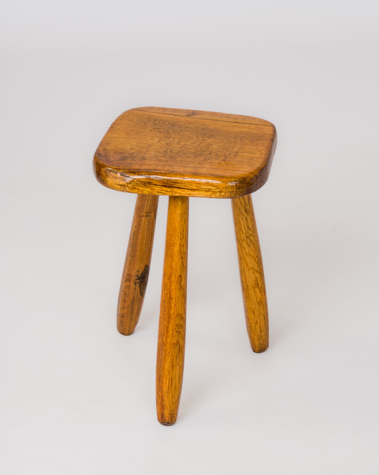 Minimalist Varnished Oak Tripod Stool - France 1970's