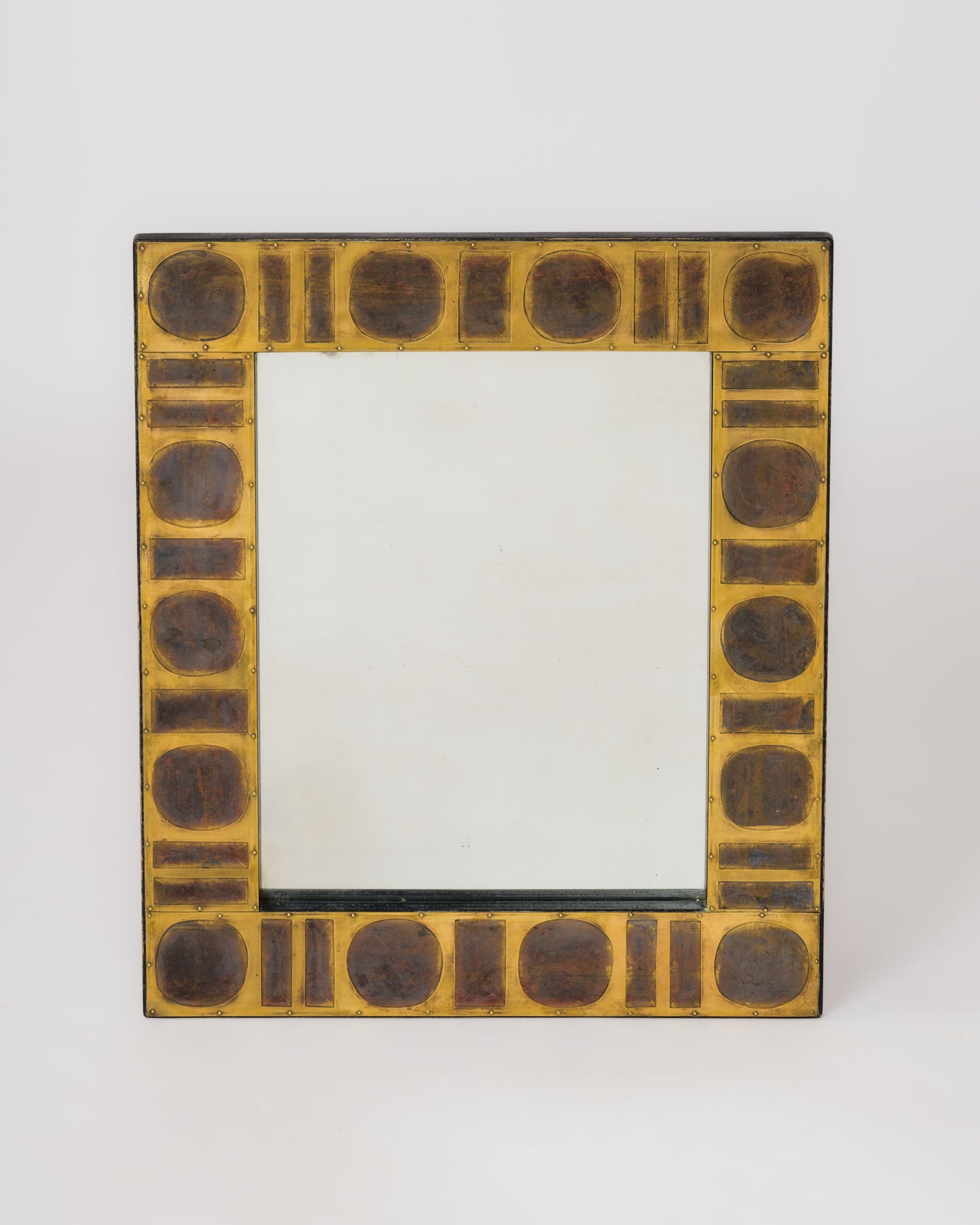 Signed Etched & Patinated Brass Tiles Mirror by Jean Blazy - France 1970's