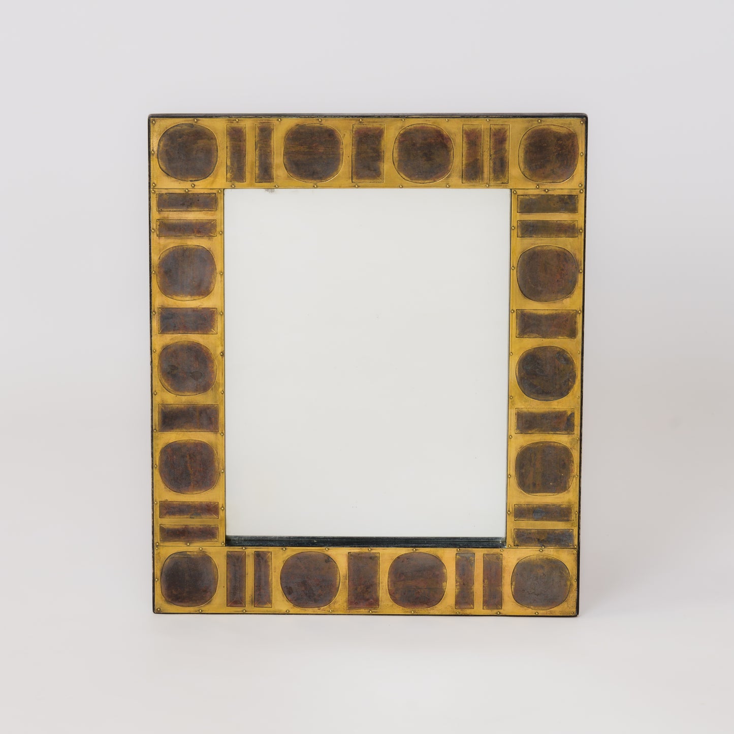 Signed Etched & Patinated Brass Tiles Mirror by Jean Blazy - France 1970's