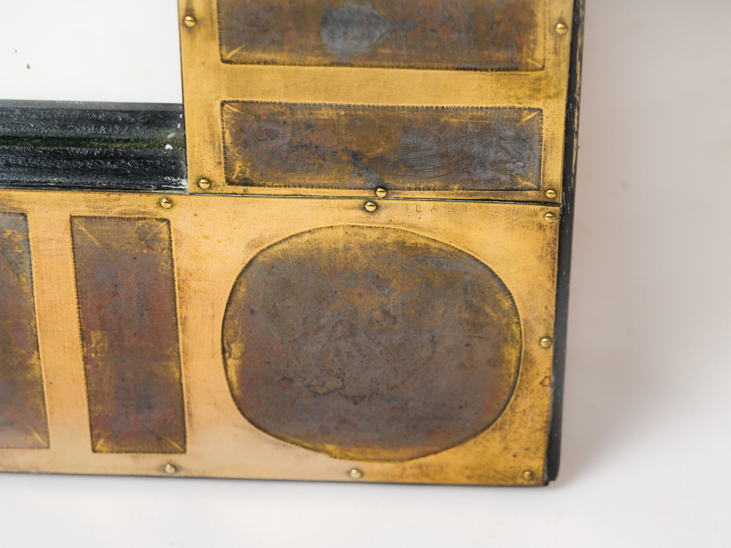 Signed Etched & Patinated Brass Tiles Mirror by Jean Blazy - France 1970's