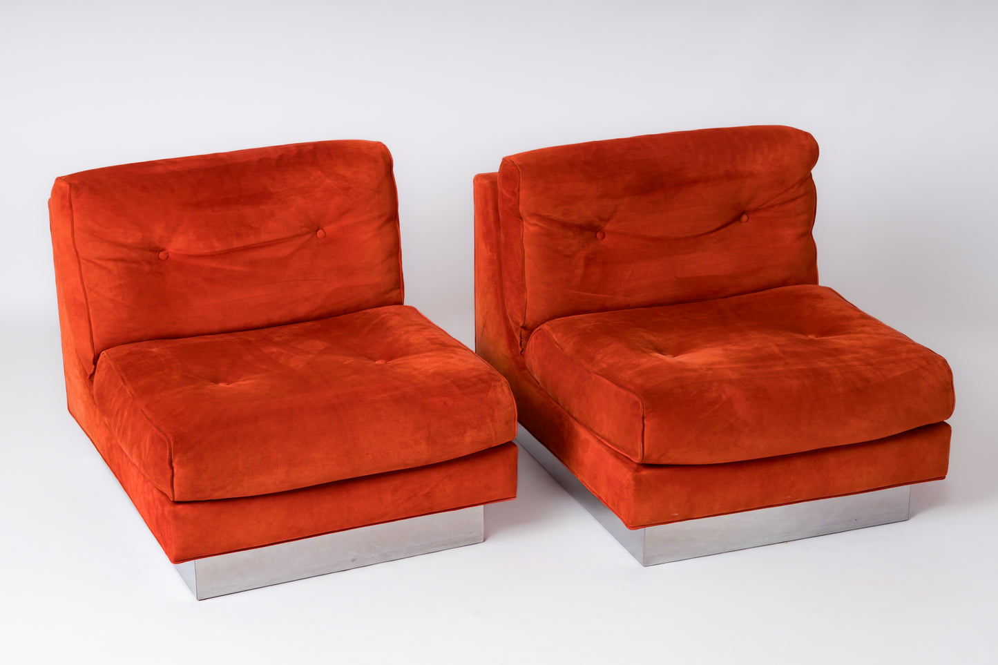 Two Blood Orange Suede "Californian" Lounge Chairs by J. Charpentier - France