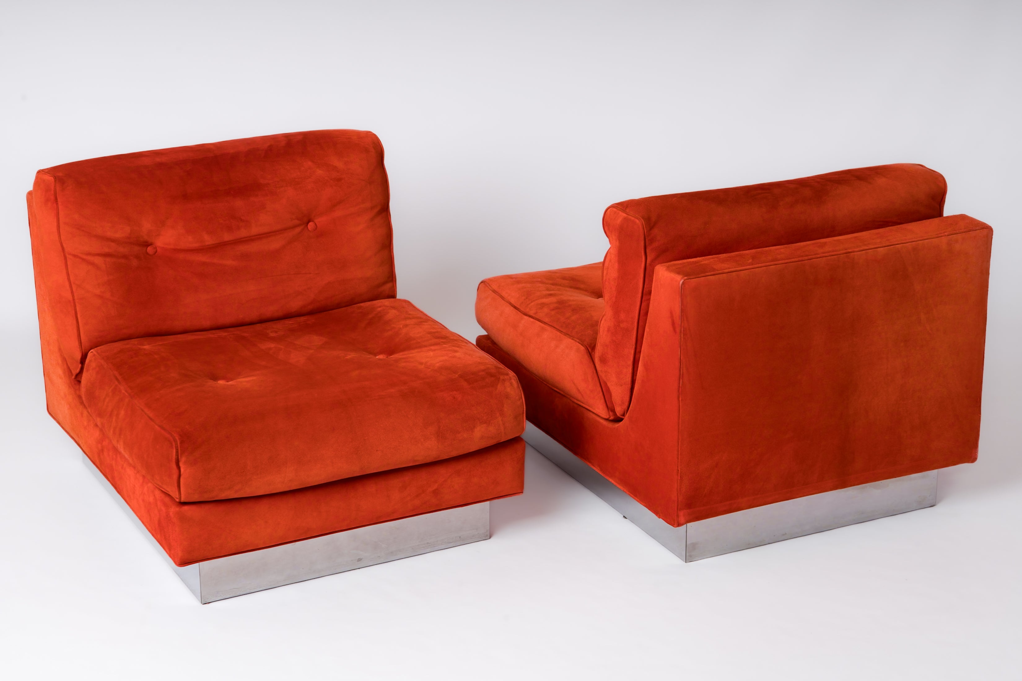 Two Blood Orange Suede "Californian" Lounge Chairs by J. Charpentier - France