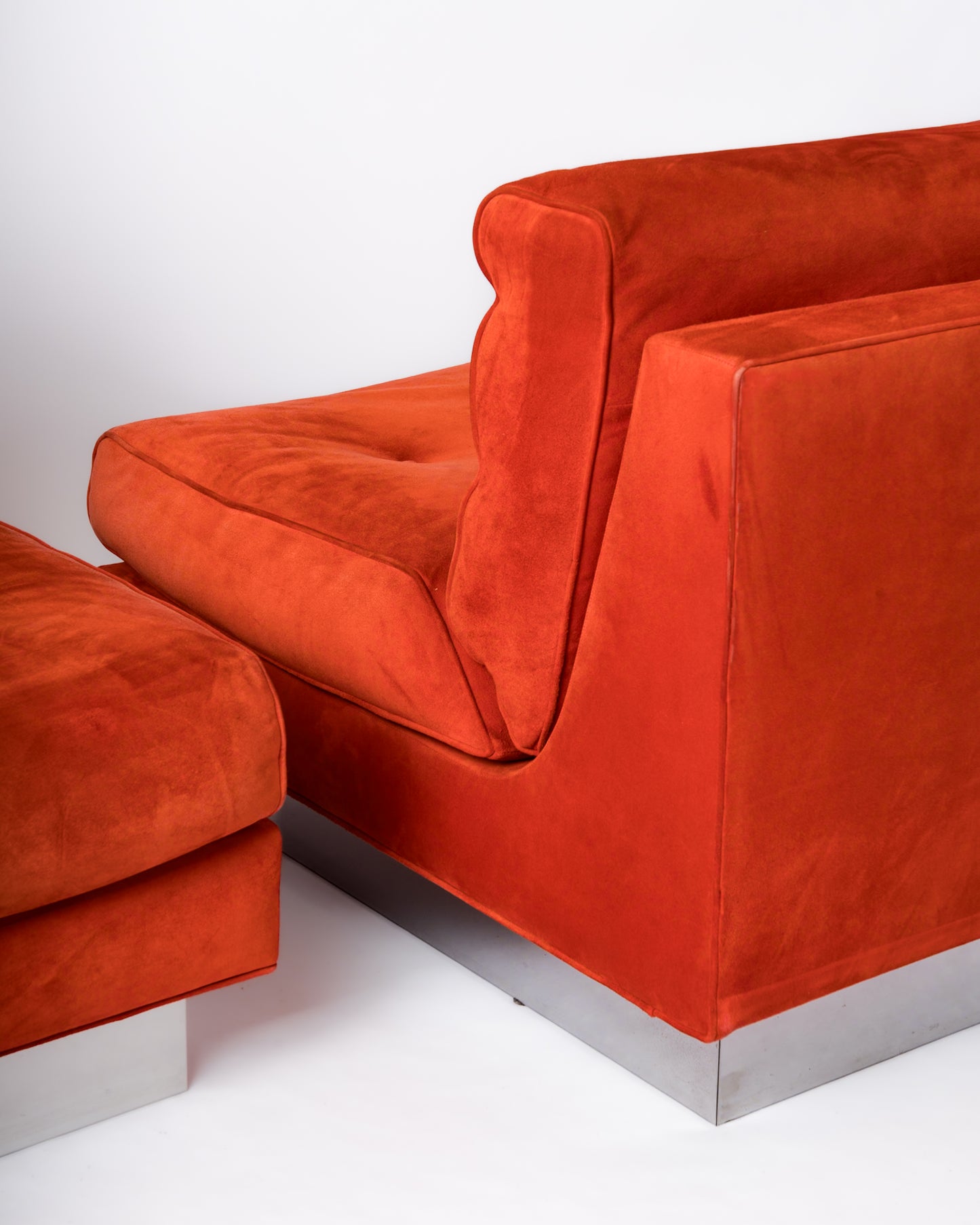 Two Blood Orange Suede "Californian" Lounge Chairs by J. Charpentier - France