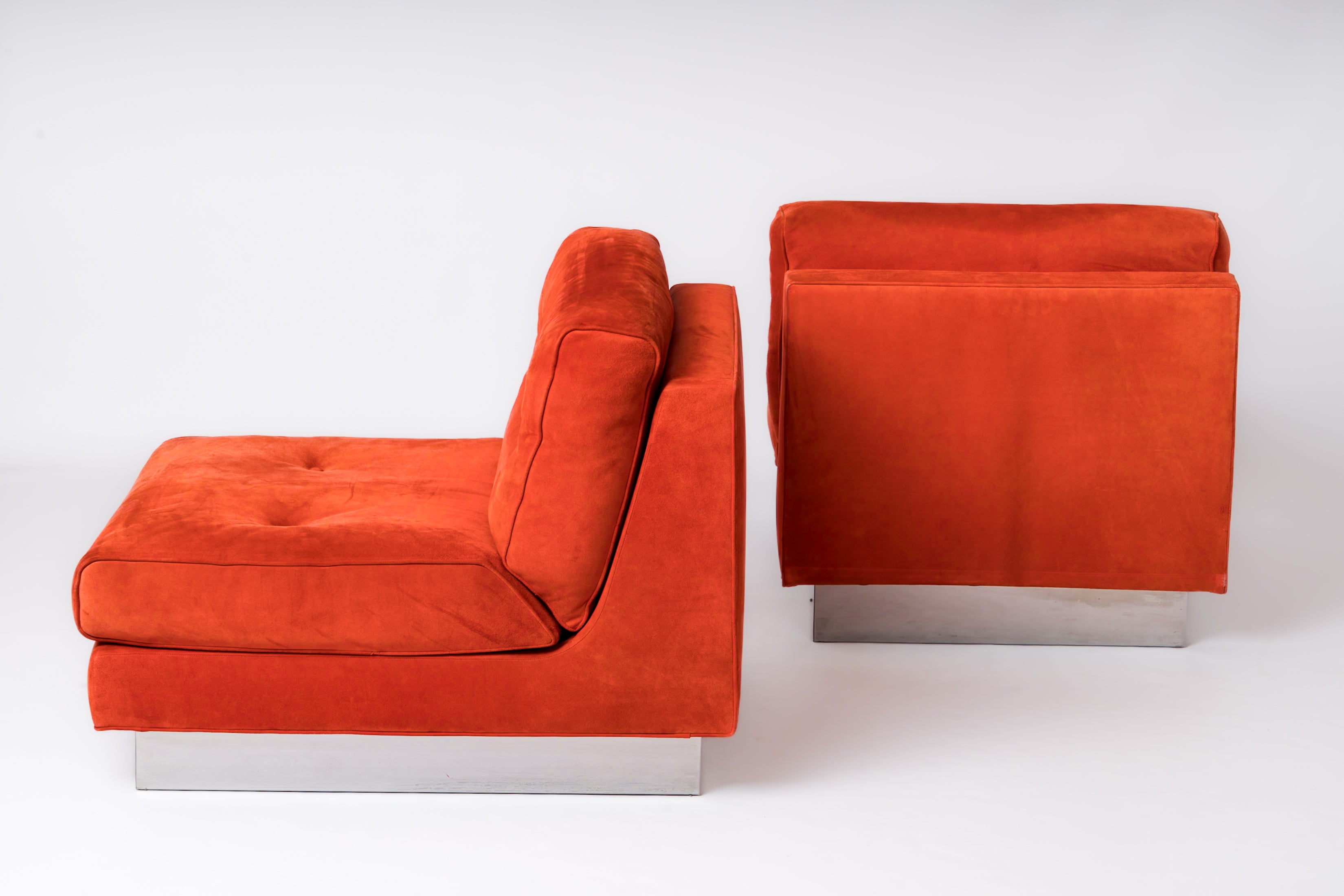 Two Blood Orange Suede "Californian" Lounge Chairs by J. Charpentier - France